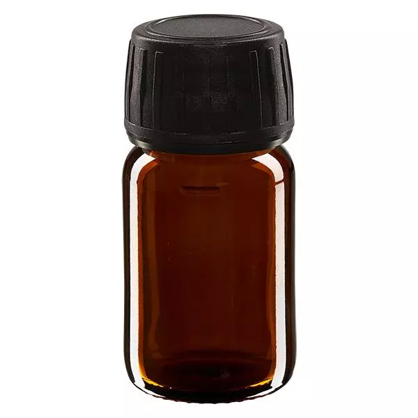 30ml Medizinflasche braun, Verschluss schwarz mit Originalitätsring ApoGlas 30ml Medizinflasche braun, Verschluss schwarz mit Originalitätsring ApoGlas