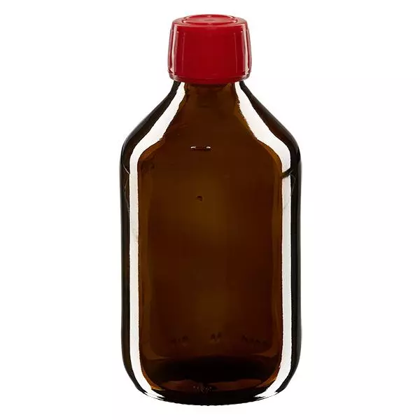 250ml Medizinflasche braun, Verschluss rot mit Originalitätsring ApoGlas 250ml Medizinflasche braun, Verschluss rot mit Originalitätsring ApoGlas