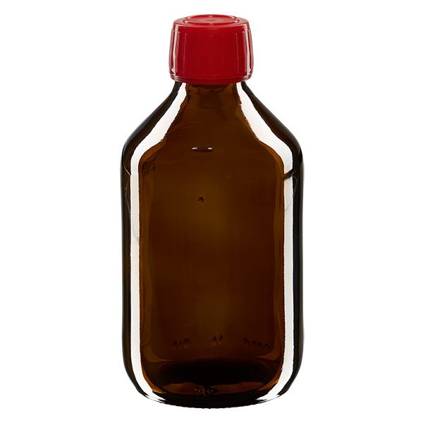 250ml Medizinflasche braun, Verschluss rot mit Originalitätsring ApoGlas 250ml Medizinflasche braun, Verschluss rot mit Originalitätsring ApoGlas
