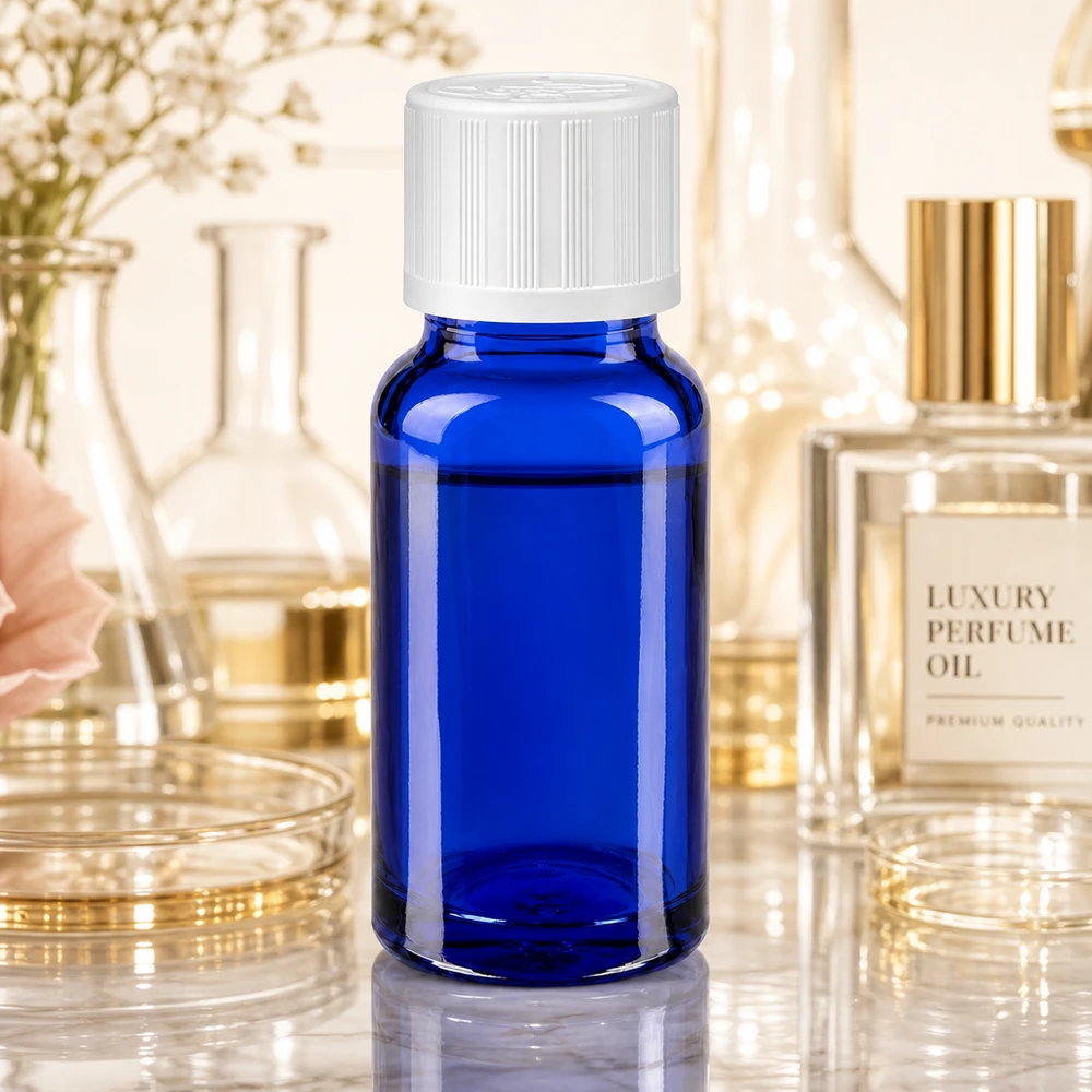 Apothekenflasche blau 10ml Schraubverschluss weiß Kindersicherung Standard Blaue Glasflasche 10ml mit weißem KiSi-Verschluss 11mm für ätherische Öle und Parfumöle