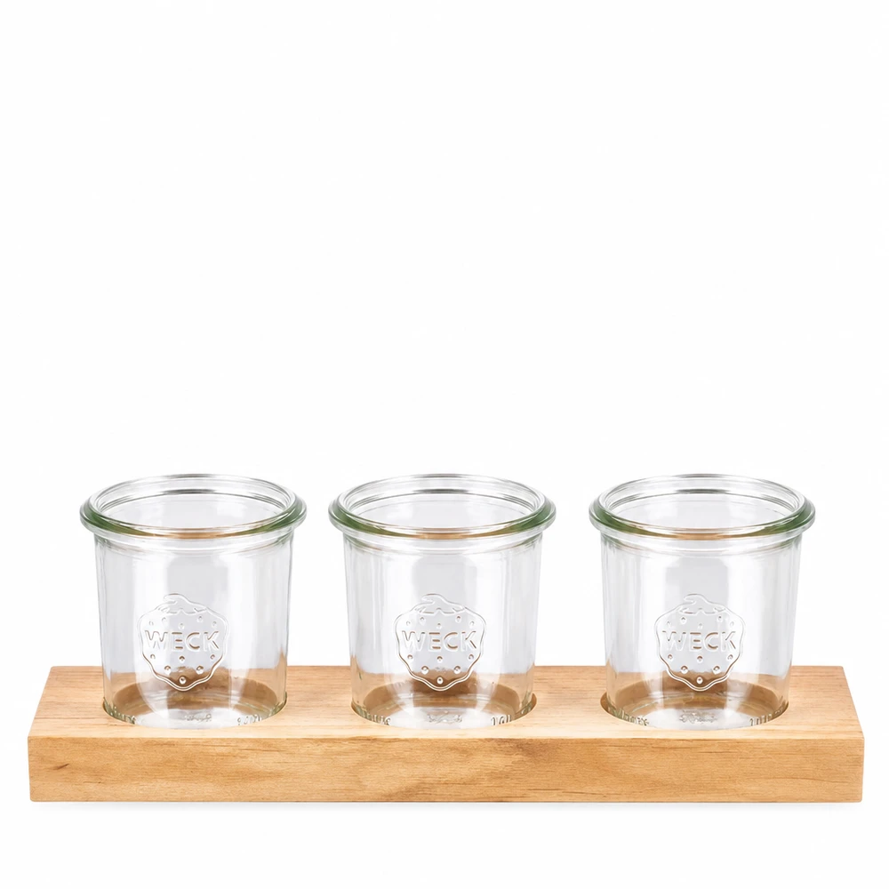 Servierbrett Plano3 aus Holz mit 3 WECK Sturzgläsern 140ml für Küche und Aufbewahrung