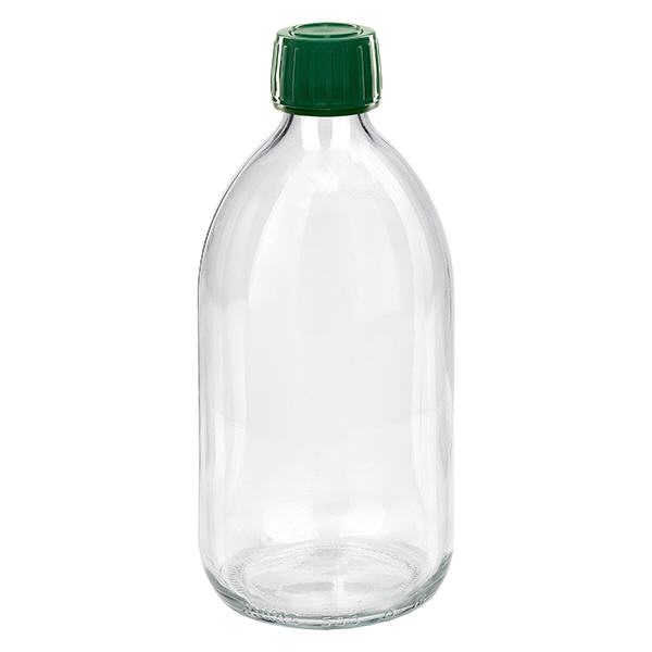 500ml Medizinflasche klar, Verschluss grün mit Originalitätsring ApoGlas 500ml Medizinflasche klar, Verschluss grün mit Originalitätsring ApoGlas