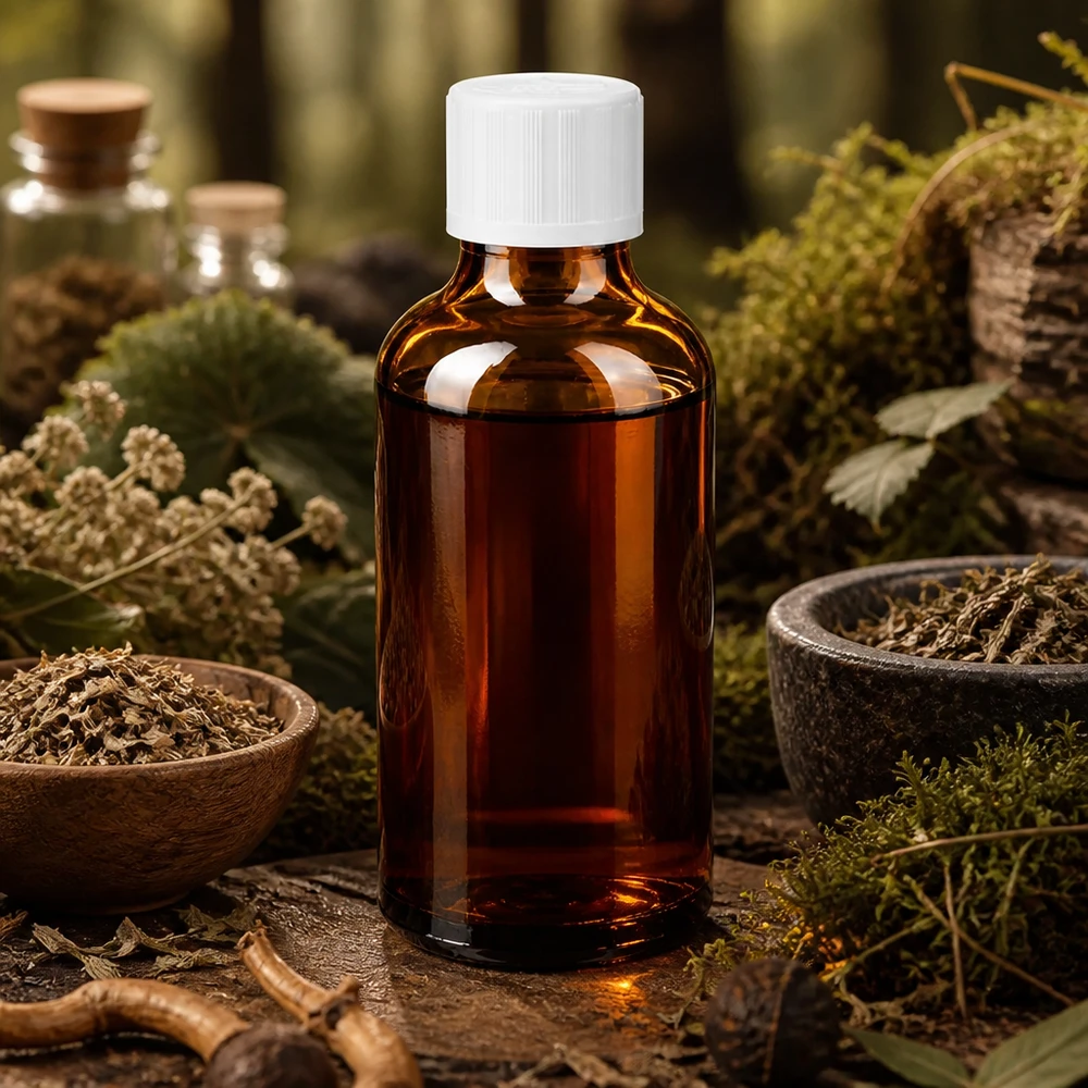 Apothekerglasflasche 50ml in Bernsteinfarbe mit Kindersicherheitskappe auf Naturholz mit Moos