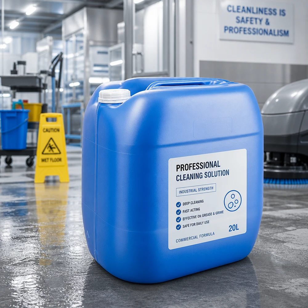 Industriekanister 30 Liter blau ohne Deckel auf Betonboden in gewerblicher Reinigungsumgebung
