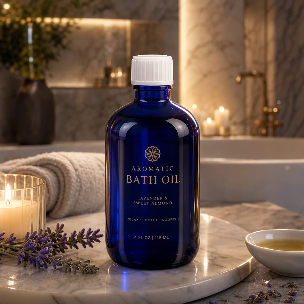 Apothekenflasche blau 100ml Schraubverschluss weiß Globuli Standard Kobaltblaue Glasflasche 100ml mit geripptem Weißdeckel zwischen Lavendelblüten und Kerzen