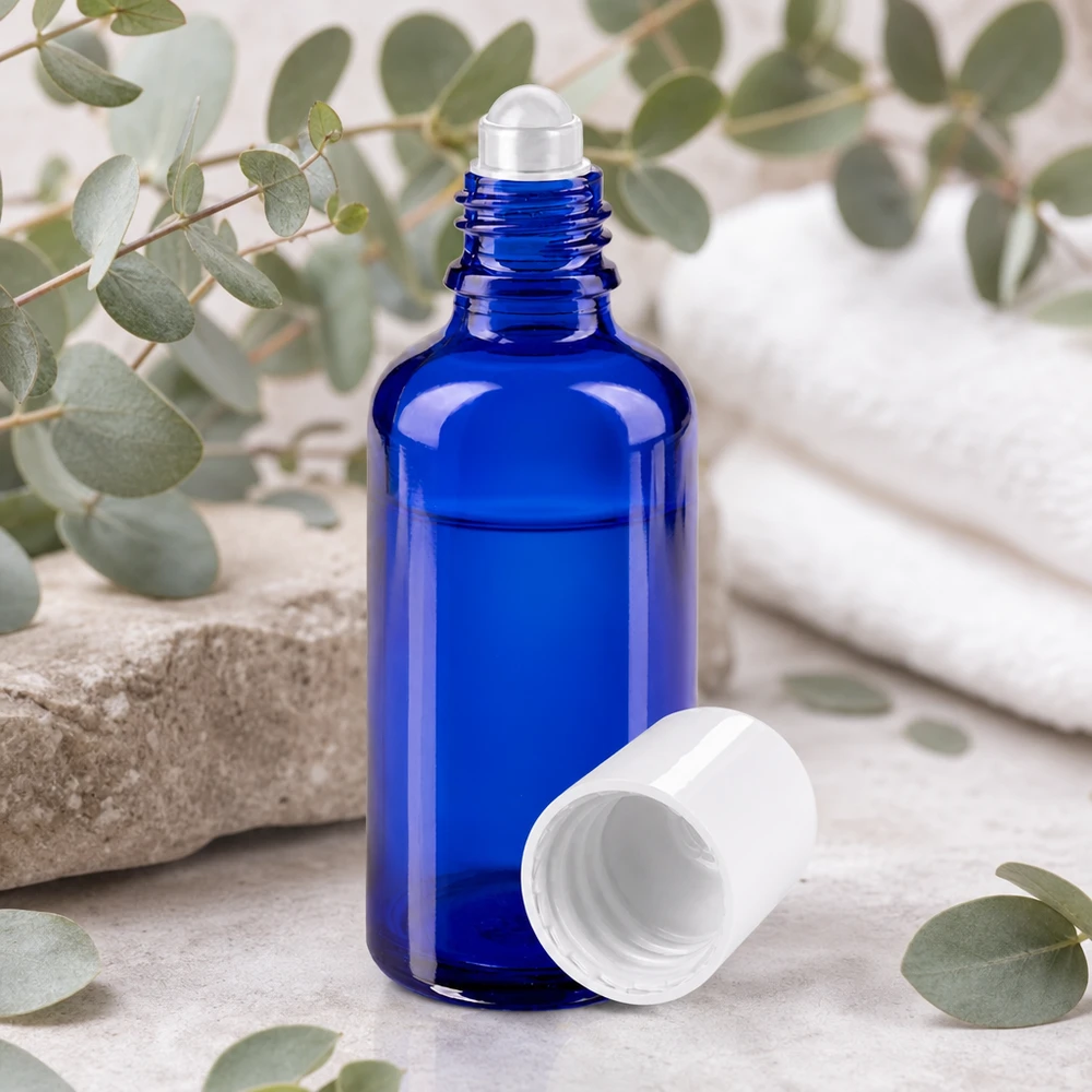 50ml Roll-On Behälter aus kobaltblauem Glas für ätherische Öle mit weißem Schraubverschluss