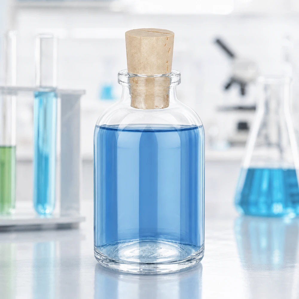 Detailansicht Korkverschluss 11/14mm auf transparenter Glasflasche 50ml mit blauem Inhalt