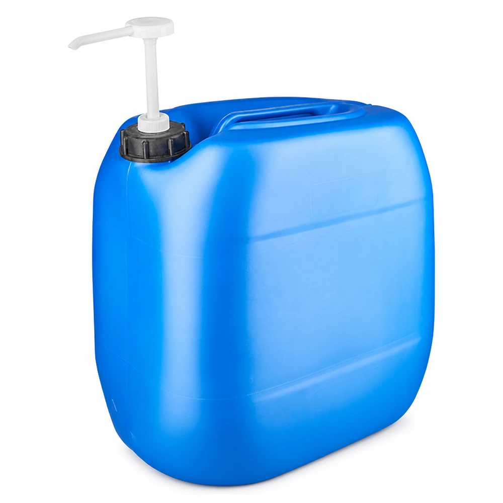 Rechteckiger HDPE Kanister 30L in Blau mit praktischer Ausgabepumpe für Flüssigkeiten