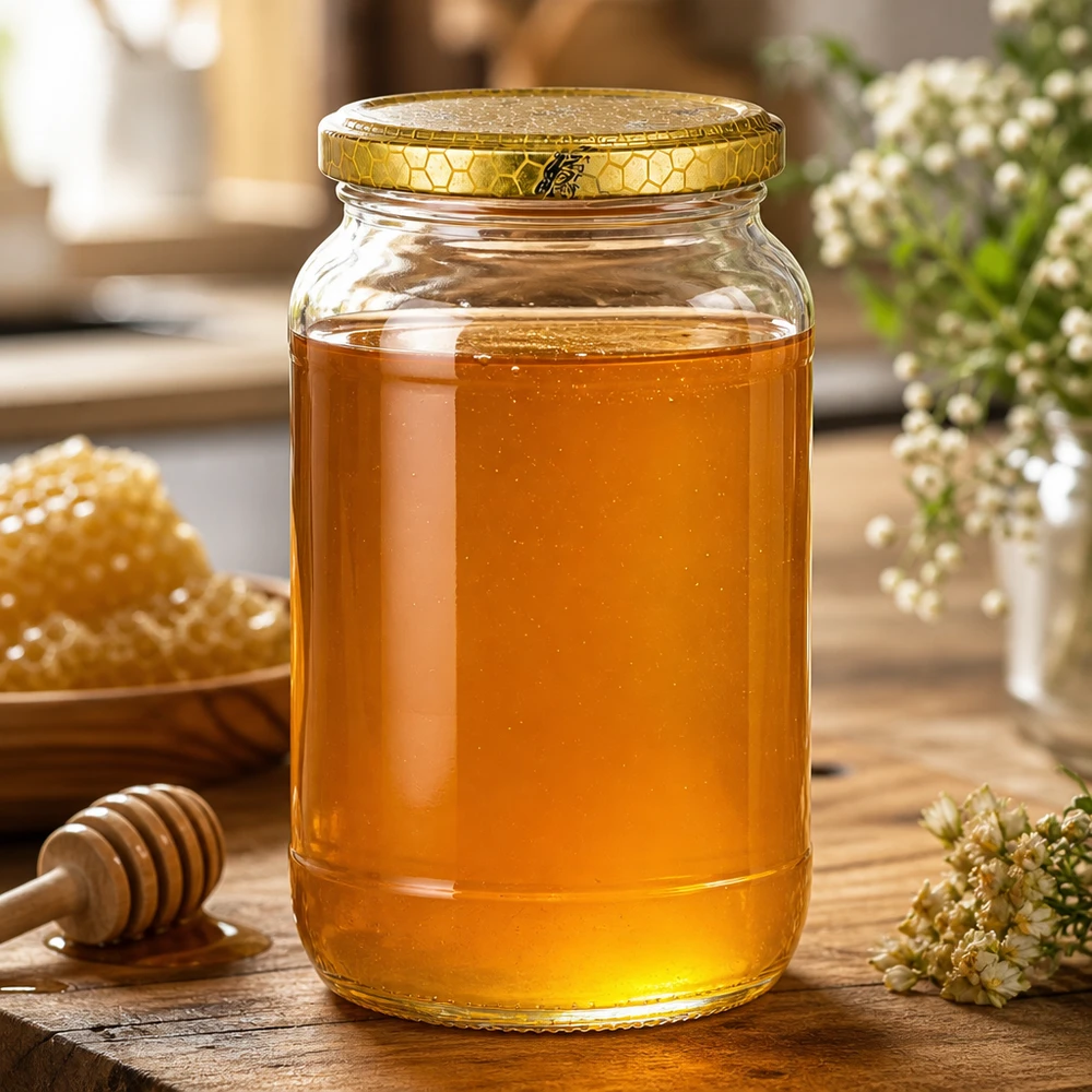 1062ml Rundglas + BasicSeal Deckel Bienenwabe UNiTWIST 1062ml Rundglas mit goldenem Bienenwabe-Deckel gefüllt mit Honig neben Waben und Honiglöffel Naturprodukte