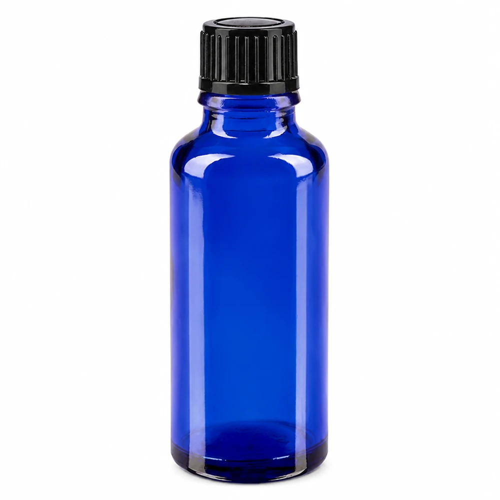 Apothekenflasche blau 30ml Tropfverschluss 1mm schwarz Standard Kobaltblaue 30ml Tropfflasche mit 1mm Öffnung und kindersicherem Schraubverschluss schwarz