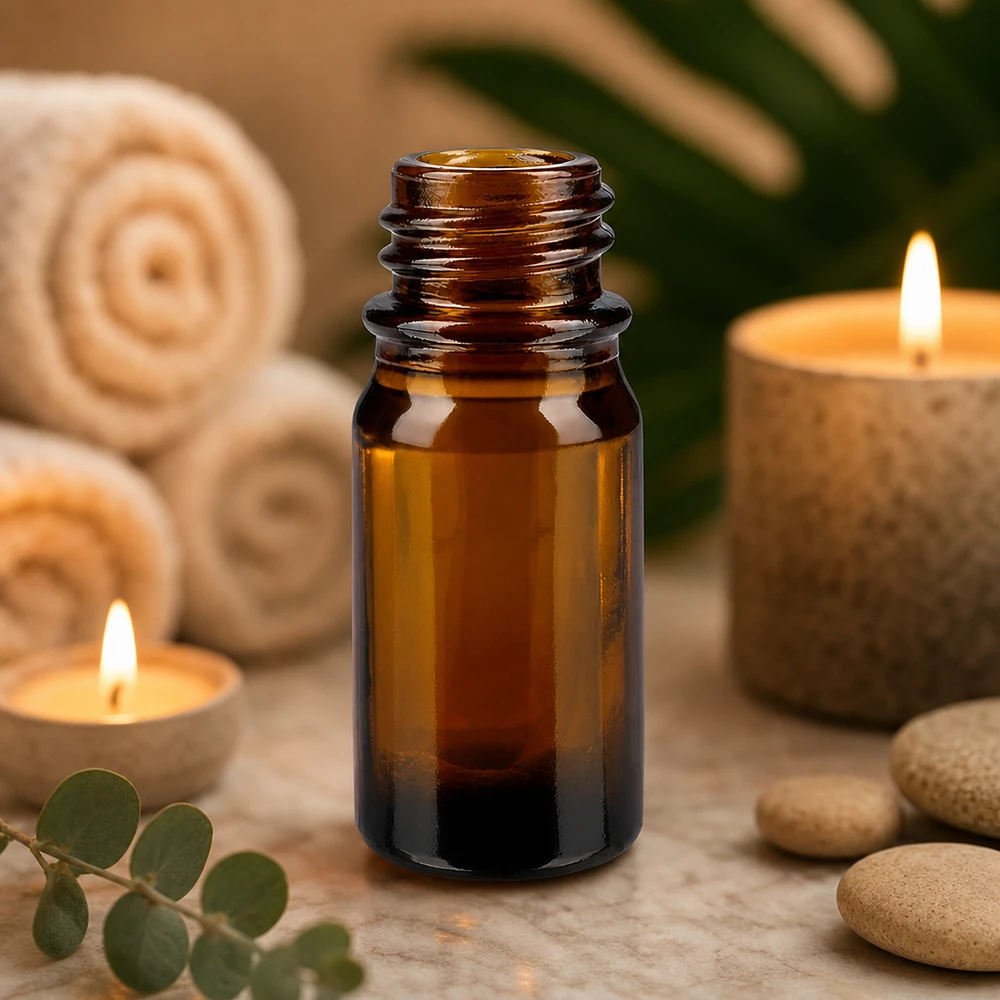 5ml braune Apothekenflasche ApoGlas mit Eukalyptus Steinen und brennenden Kerzen für entspannende Aromatherapie