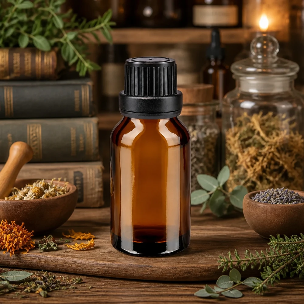 Apothekenflasche braun 15ml Schraubverschluss schwarz Dichteinlage Originalitätsverschluss Bernsteinfarbene Braunglasflasche 15ml mit Dichtung zwischen Calendula Lavendel und Naturheilkunde-Büchern