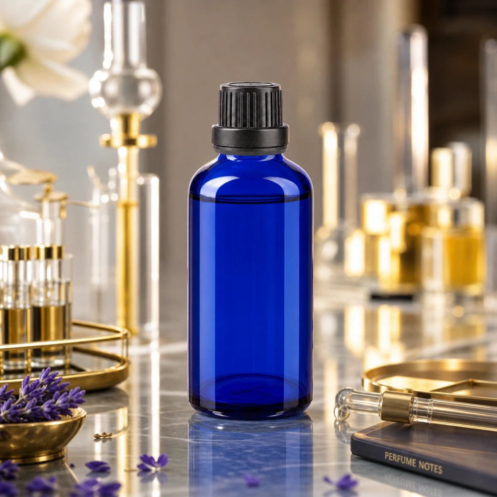 Blaue Glasdropflasche 50ml mit OV-Aufsatz zwischen goldenen Laborgeräten und Lavendelblüten
