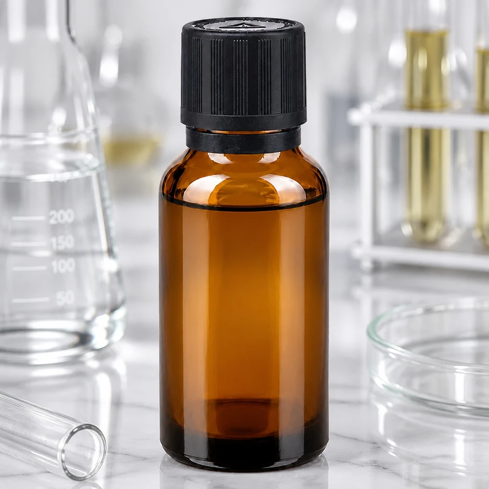 Apothekenflasche braun 20ml Tropfer Giessring 1mm schwarz Kindersicherung Blindenwarnsymbol Originalitätsverschluss Apothekenflasche 20ml aus Bernsteinglas mit kindersicherem Verschluss in Laborumgebung
