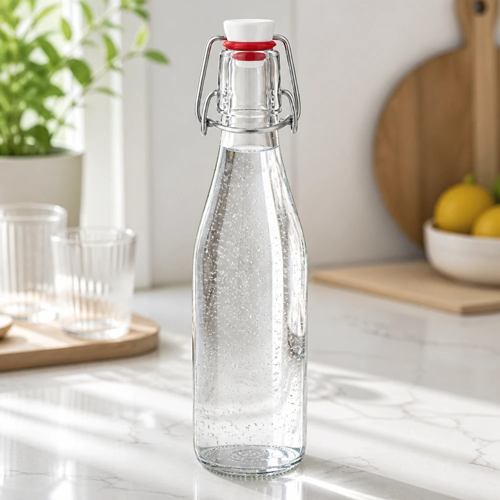 250ml Glasflasche und Bügelverschluss PVC UNiTWIST 250ml Glasflasche mit Bügelverschluss gefüllt mit Mineralwasser, moderne Küchenarbeitsplatte aus Marmor mit Gläsern