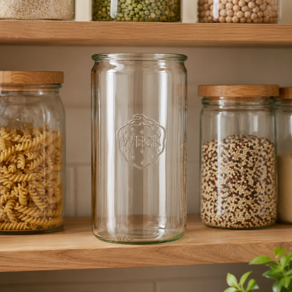WECK 1590ml Zylinderglas RR100 leer in Küche zwischen gefüllten Vorratsgläsern mit Pasta und Getreide auf Holzregal