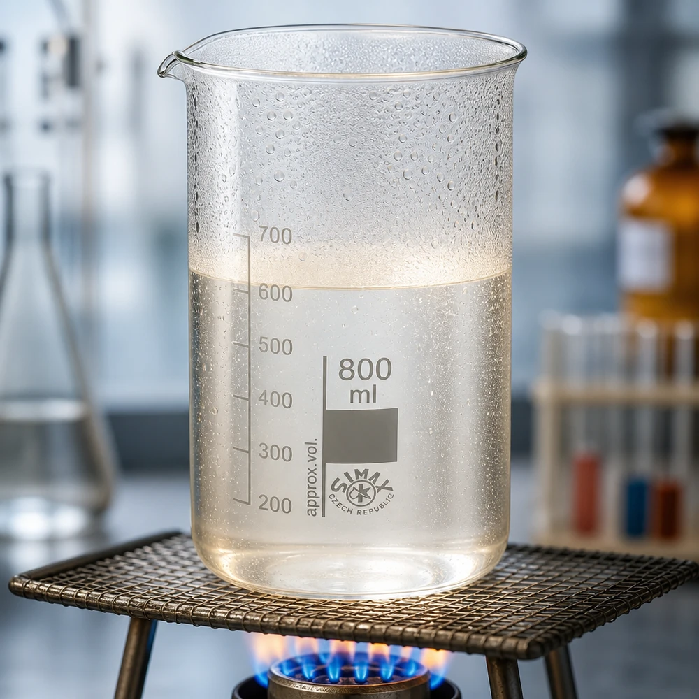 Becherglas 800ml Borosilikatglas, hohe Form Transparentes Laborbecherglas 800ml hohe Form mit siedender Flüssigkeit und Dampfbildung