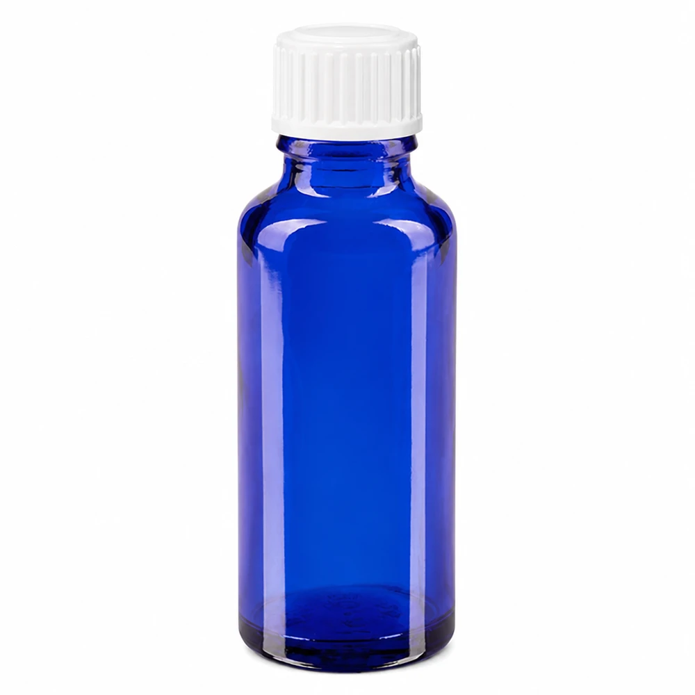 Apothekenflasche blau 30ml Schraubverschluss weiß Globuli Standard Kobaltblaue Glasflasche 30ml mit kindersicherem weißem Schraubverschluss Apothekenqualität
