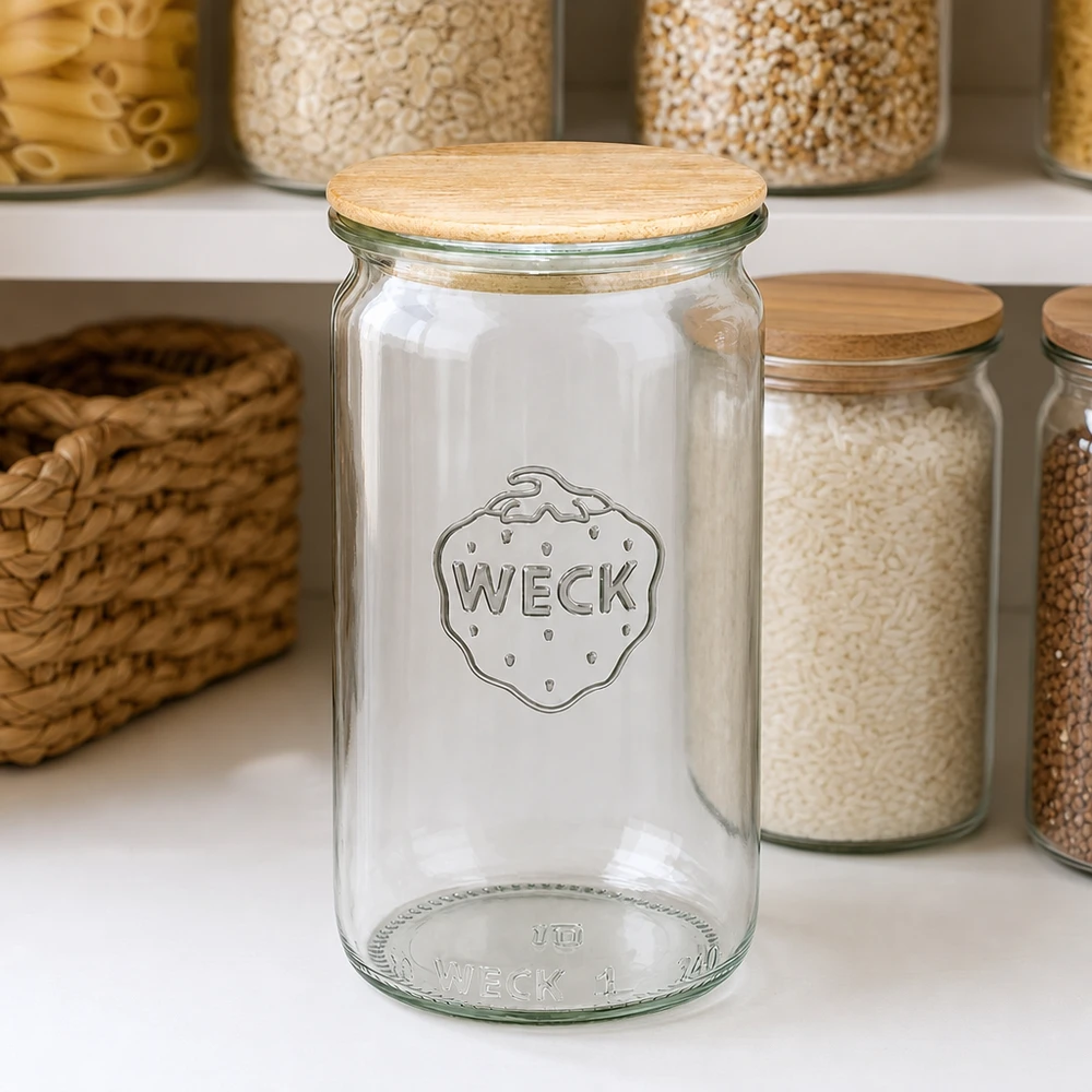 WECK Zylinderglas 340ml RR60 leer mit Holzdeckel in organisierter Vorratsküche zwischen gefüllten Vorratsgläsern