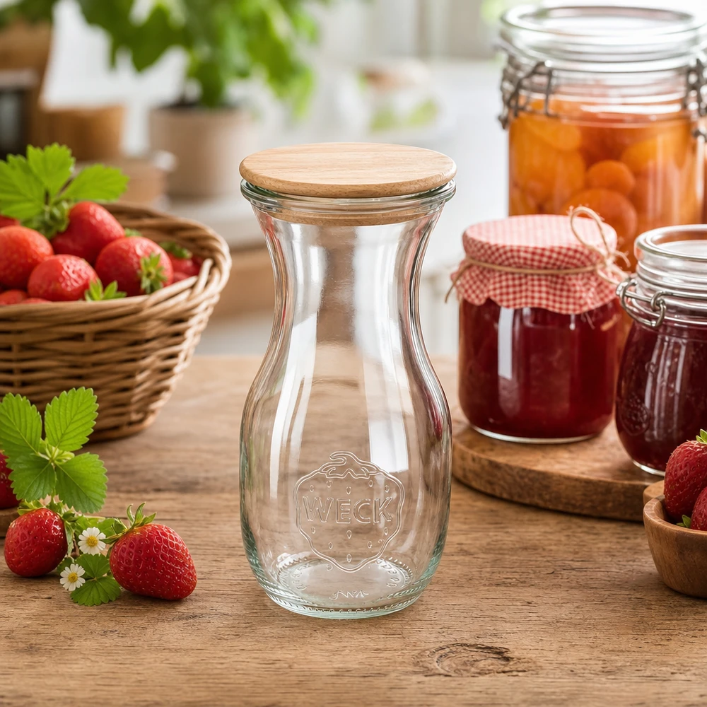 WECK Saftflasche 290ml mit Holzdeckel in natürlicher Küchenumgebung mit Erdbeeren und Marmeladengläsern