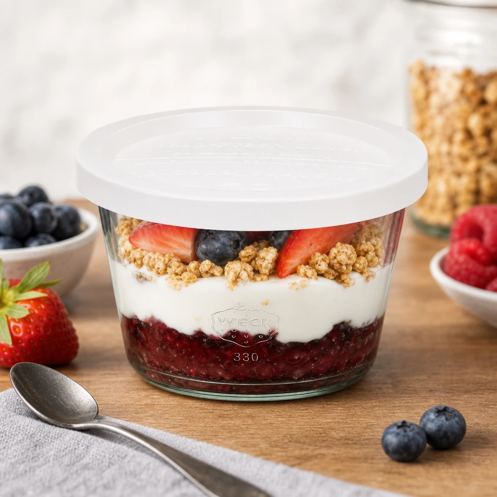 WECK Gourmetglas 450ml RR120 mit Schichtdessert aus Beeren, Joghurt und Granola auf Holztisch mit Löffel