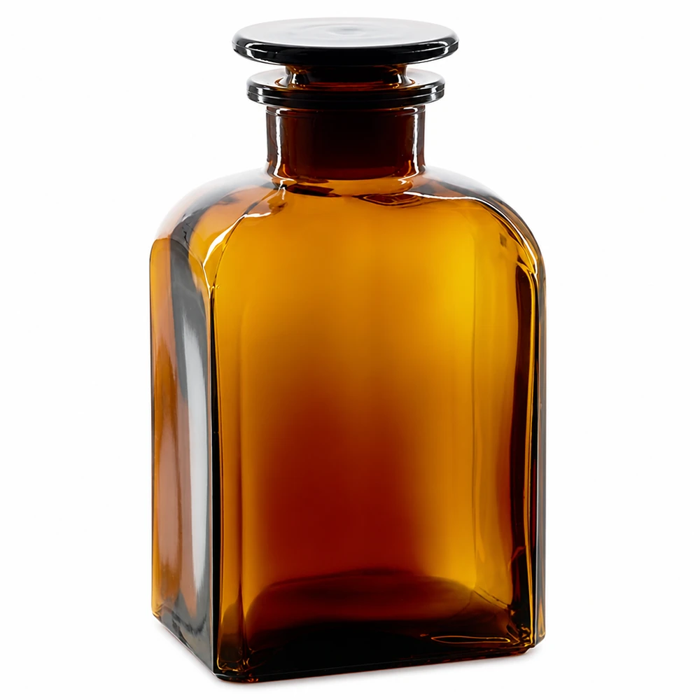 Vierkantflasche 500ml braun Weithals Glasstopfen 500ml Laborflasche braun viereckig mit Glasstopfen für Apotheke und Labor