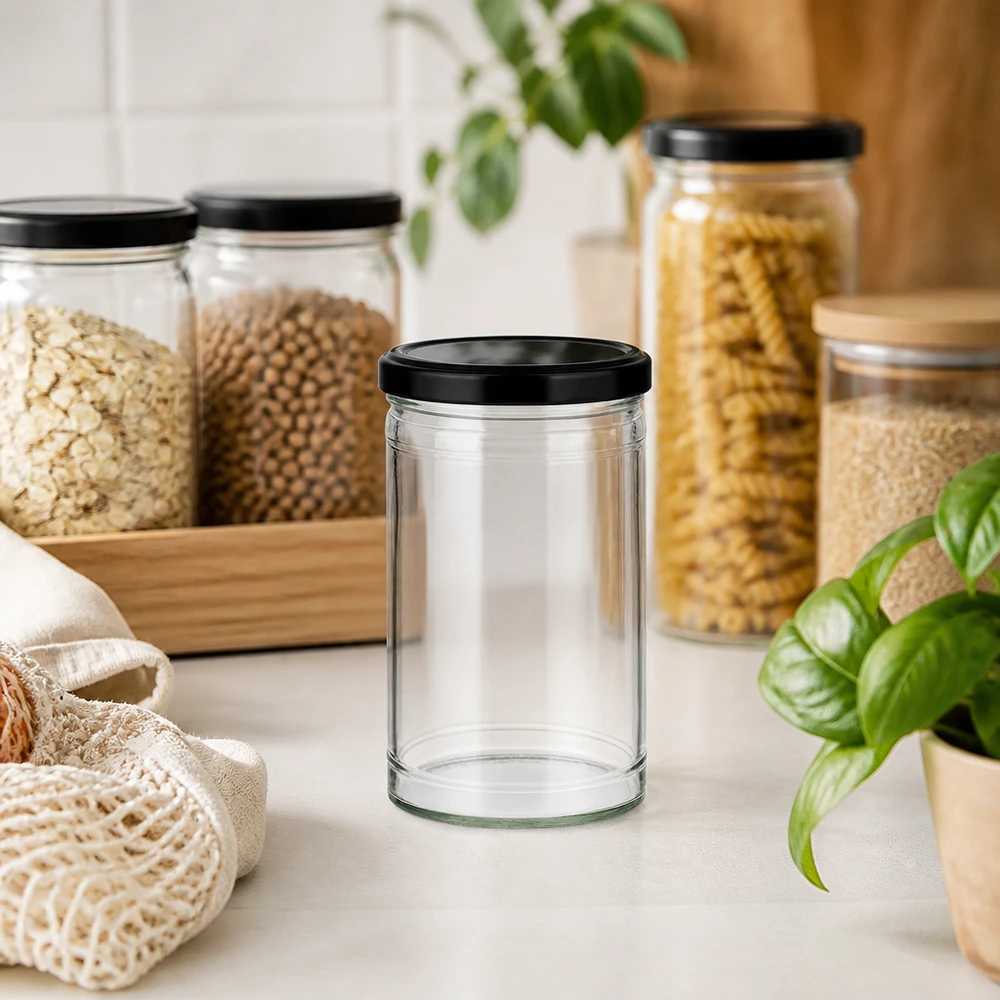 1053ml Sturzglas mit BasicSeal Deckel schwarz UNiTWIST Leeres 1053ml Sturzglas mit schwarzem Deckel in Zero-Waste Küche mit Vorratsgläsern und nachhaltigen Materialien