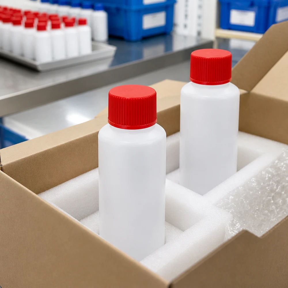 HDPE Apothekenflaschen 30ml weiß mit rotem SV in industrieller Abfüllung und Verpackungslinie