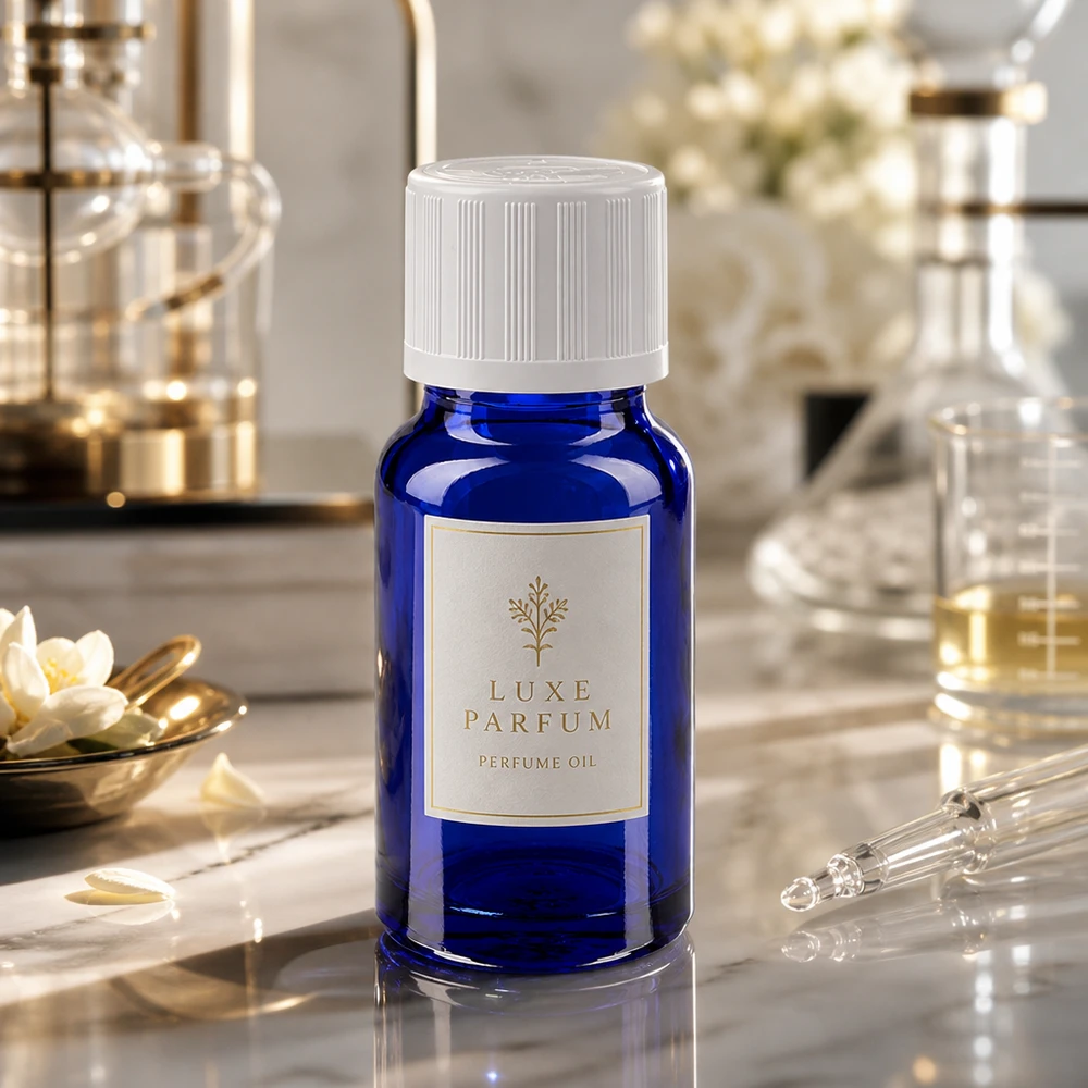 Apothekenflasche blau 10ml Tropfverschluss weiß Kindersicherung Standard 10ml blaues Apothekerglas mit KiSi-Deckel auf Marmor neben Glaspipette und weißen Blüten