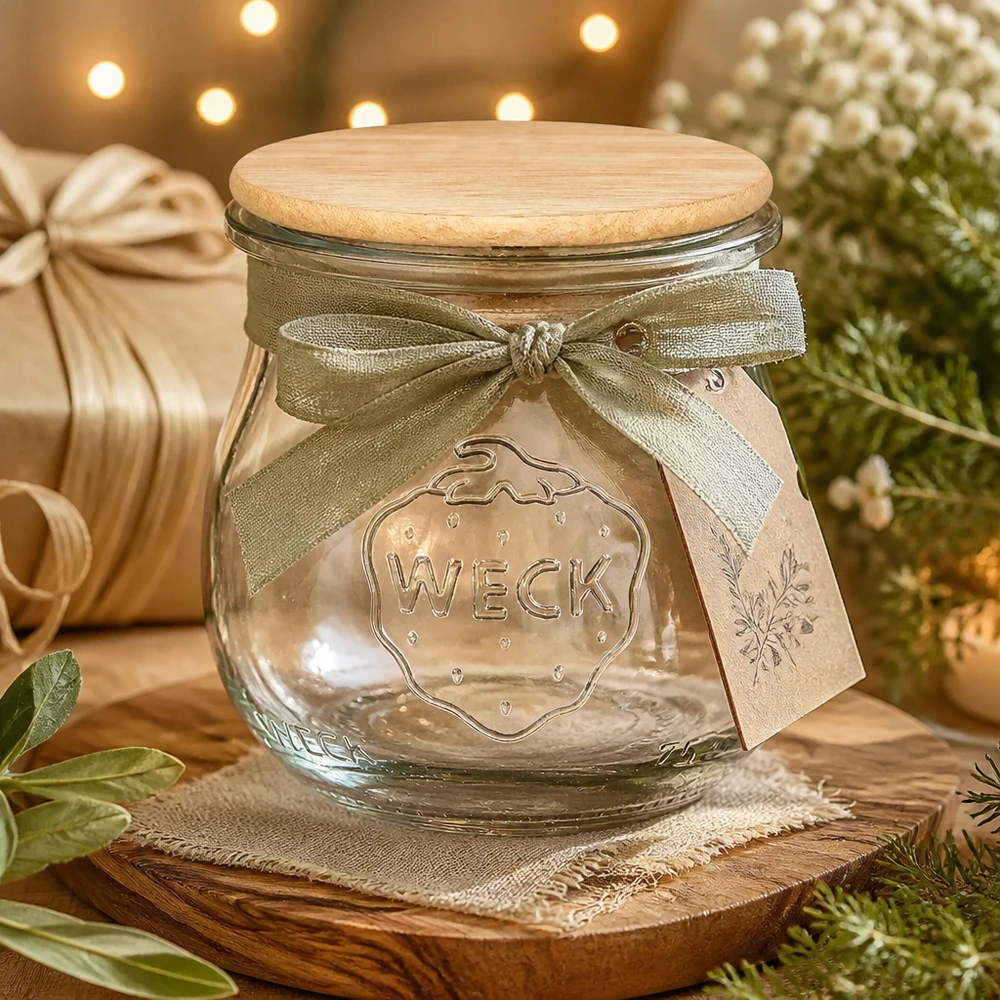 75ml Tulpenglas WECK RR40 mit Holzdeckel WECK Tulpenglas 75ml als Geschenkidee mit goldener Schleife und festlicher Weihnachtsdekoration auf Holztisch