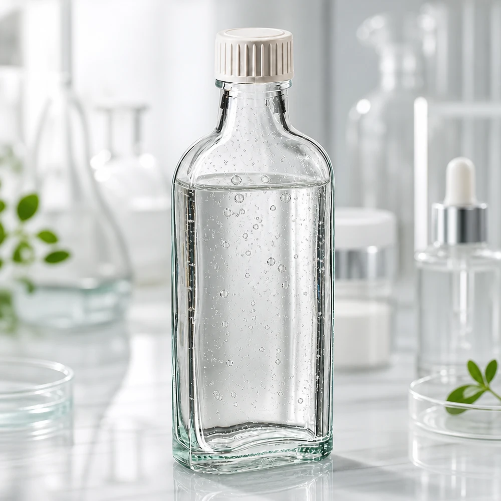Rechteckige Glasflasche 100ml mit weißem Kunststoffdeckel und sichtbaren Luftblasen im Inhalt