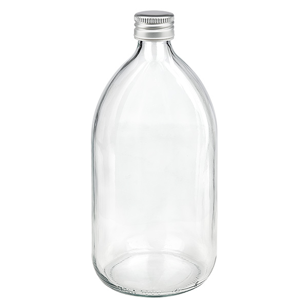 1000ml Medizinflasche klar, mit Alu-Verschluss silber ApoGlas 1000ml Medizinflasche klar, mit Alu-Verschluss silber ApoGlas