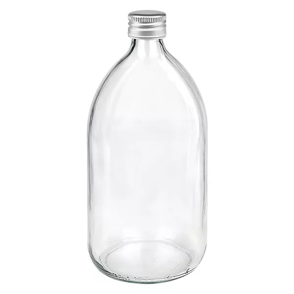 1000ml Medizinflasche klar, mit Alu-Verschluss silber ApoGlas 1000ml Medizinflasche klar, mit Alu-Verschluss silber ApoGlas