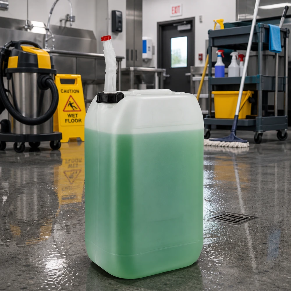 Kanister 15 Liter mit Auslaufrohr Flex Befüllter 15 Liter Kanister mit biegsamem Ausgießer im gewerblichen Reinigungsbereich