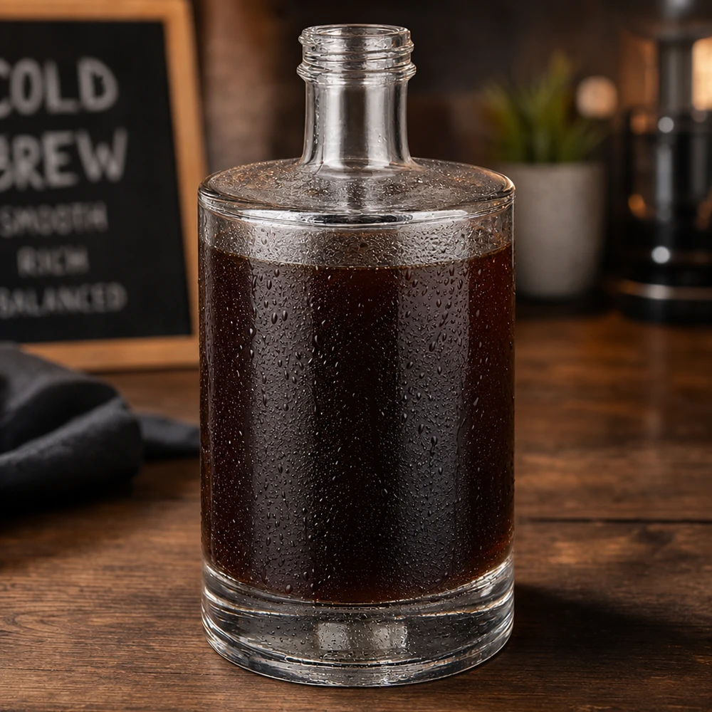 500ml Glasflasche Sam mit Cold Brew Kaffee befüllt Kondensation Wassertropfen Café Ambiente Holzuntergrund