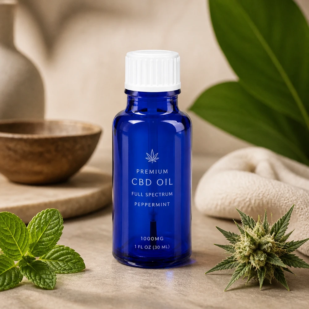 Apothekenflasche blau 20ml Schraubverschluss weiß Pinsel Apothekerglas 20ml blau mit weißem Aufsatz für CBD Öl Vollspektrum Peppermint 1000mg