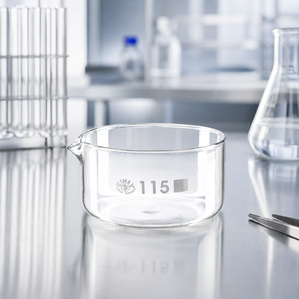 Transparente Laborschale 500ml mit Ausguss neben Erlenmeyerkolben und Reagenzgläsern 115mm