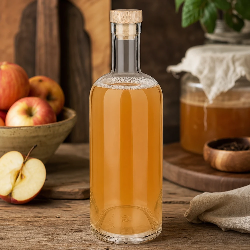 750ml Glasflasche Emma mit Holzkorken gefüllt mit Apfelessig in gemütlicher Küche mit frischen Äpfeln und Honig