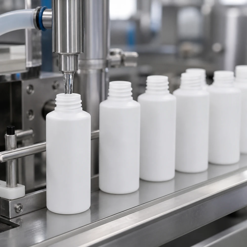 Apothekenflasche HDPE 30ml weiß, ohne Verschluss Weiße zylindrische HDPE Apothekenflaschen 30ml mit Schraubgewinde in Abfüllmaschine