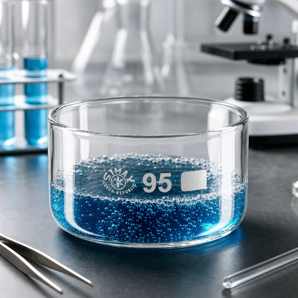 Flache Glasschale 95mm Durchmesser blaue Flüssigkeit Siedeperlen Laborumgebung Borosilikat