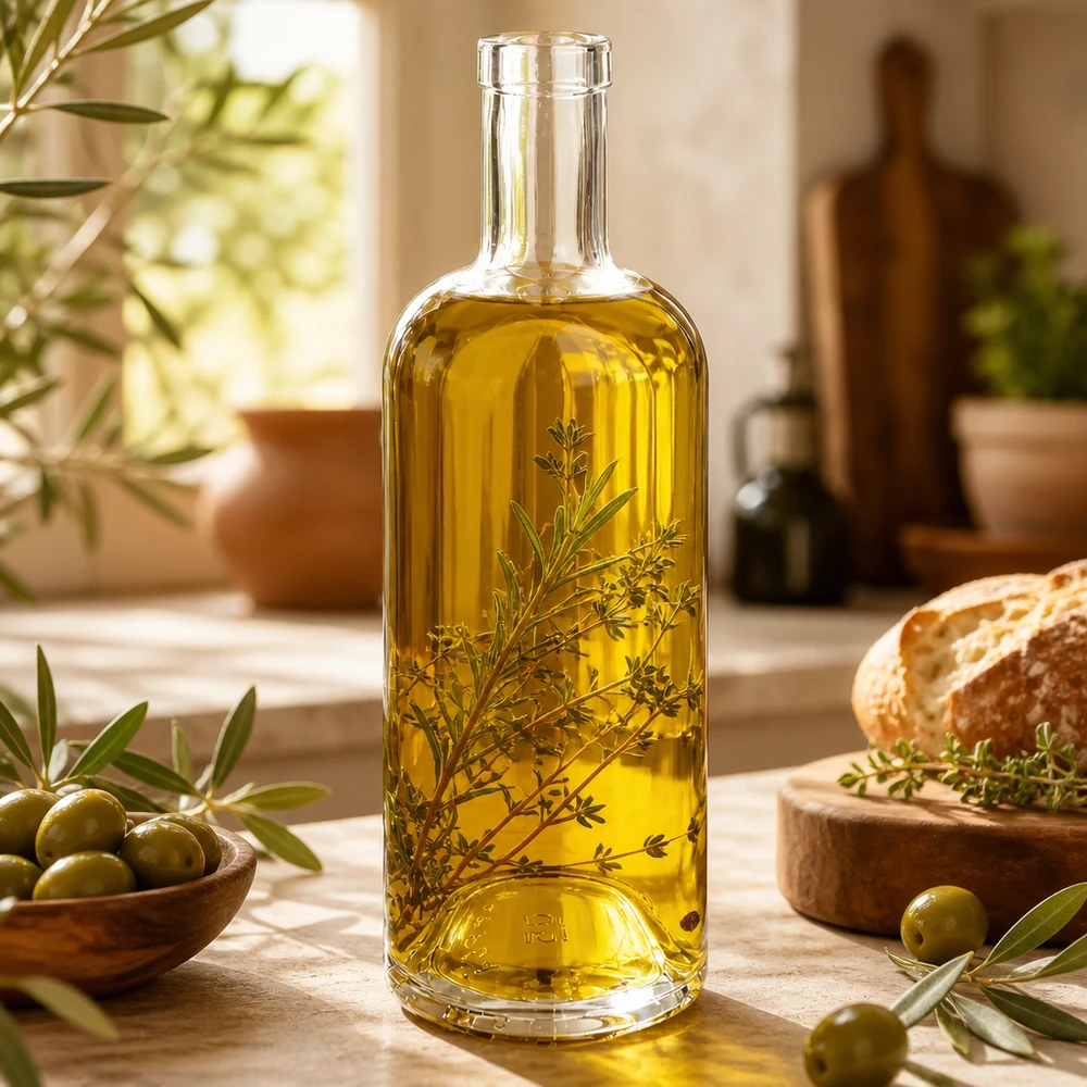 750ml Glasflasche Emma mit Olivenöl und Kräutern gefüllt neben Oliven Brot und mediterraner Dekoration