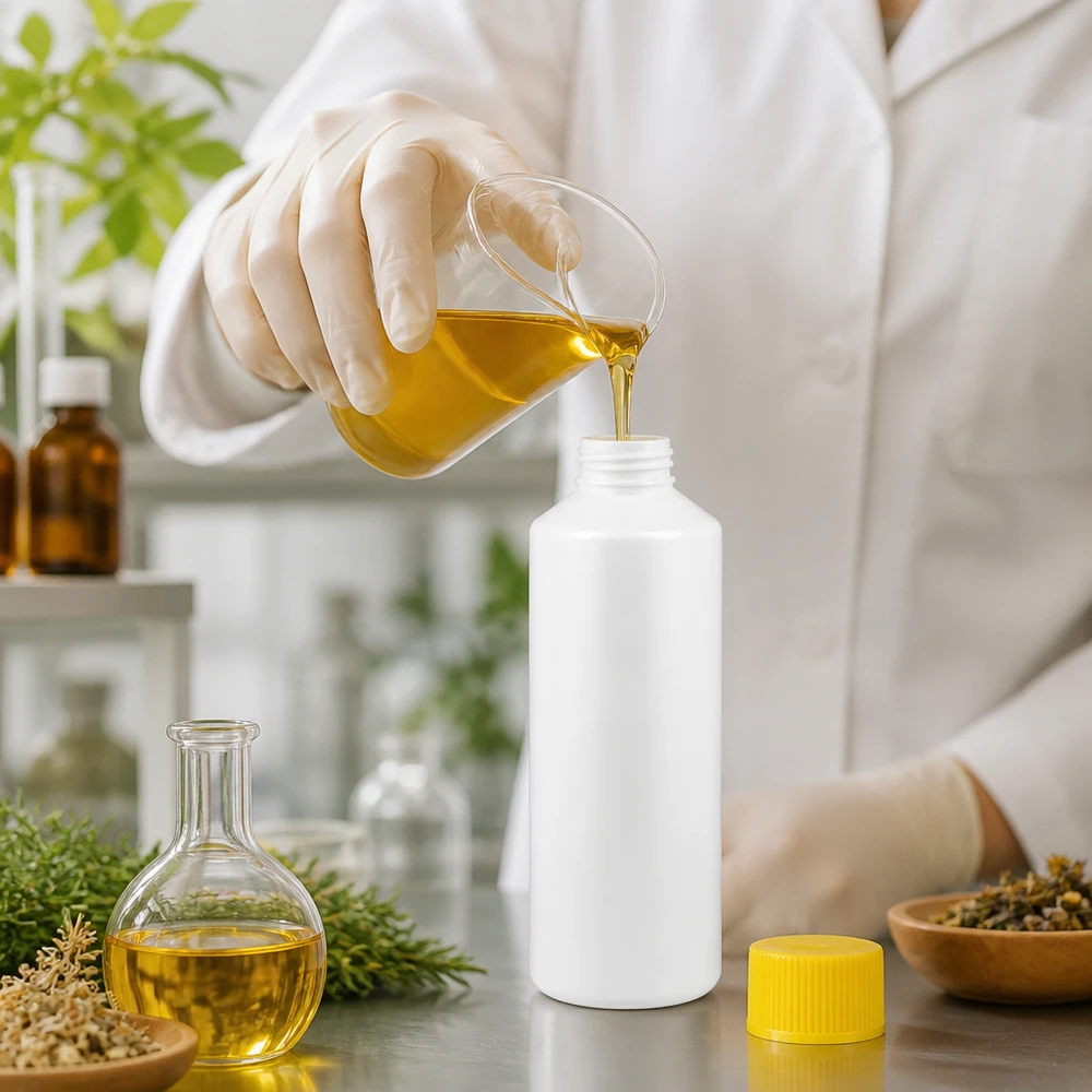 Befüllung einer weißen HDPE Rundflasche 100ml mit goldenem Kräuterextrakt im Pharmalabor