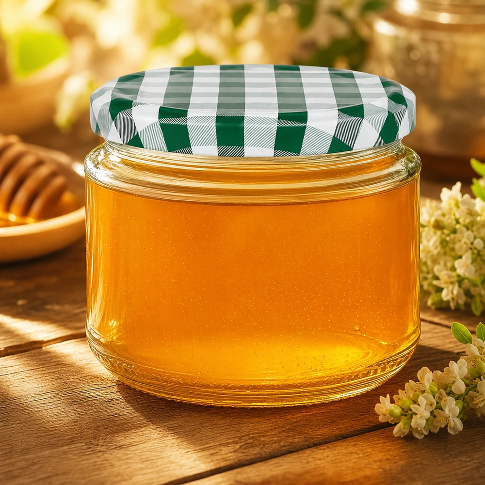 330ml Rundglas mit Honig gefüllt, grün-weißer BasicSeal Deckel, Honigglas auf Holztisch mit Blumen dekoriert