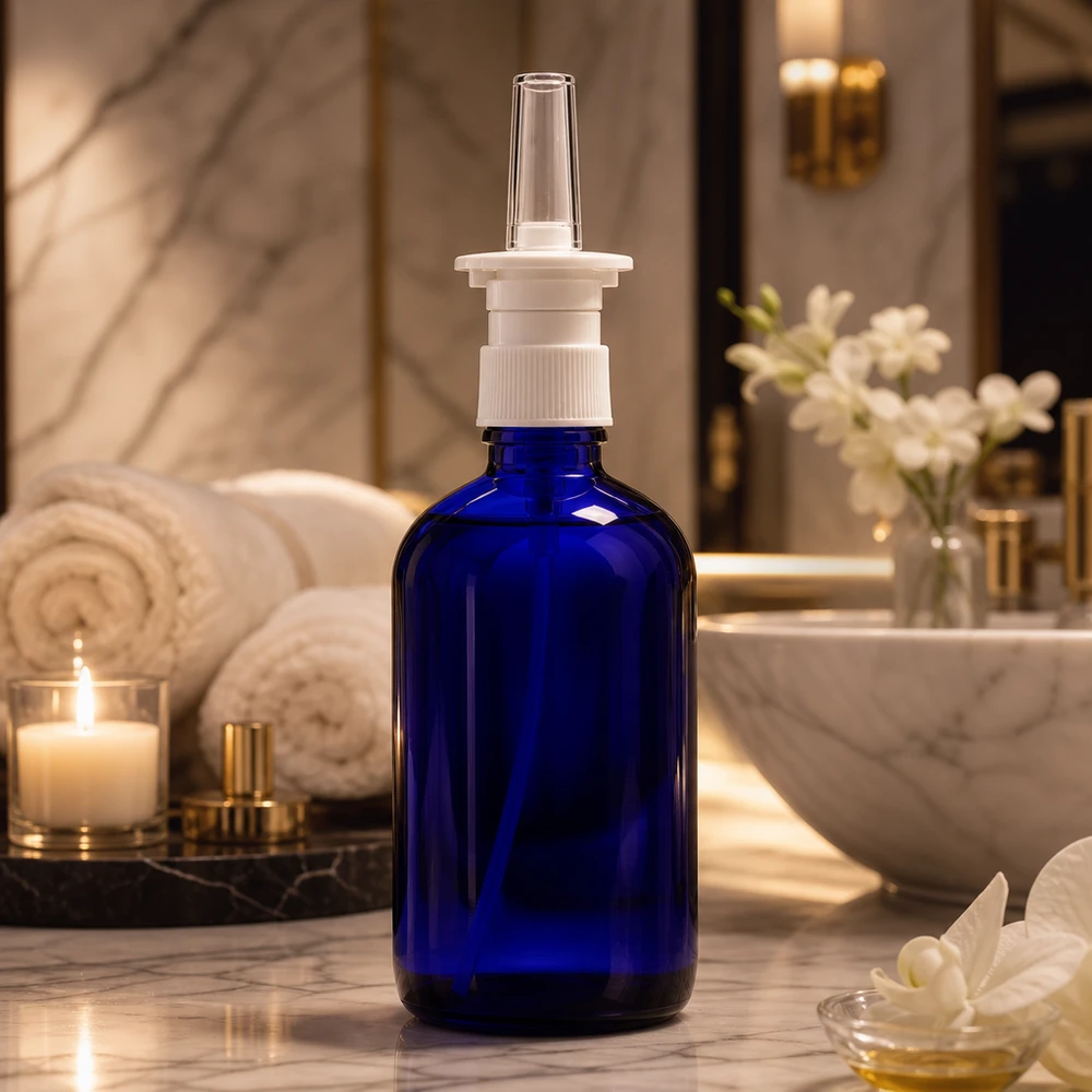 Apothekenflasche blau 100ml Nasenzerstäuber weiß Standard 100ml Apothekerglas Nasensprayflasche blau mit weißem Pumpkopf und klarer Applikatordüse