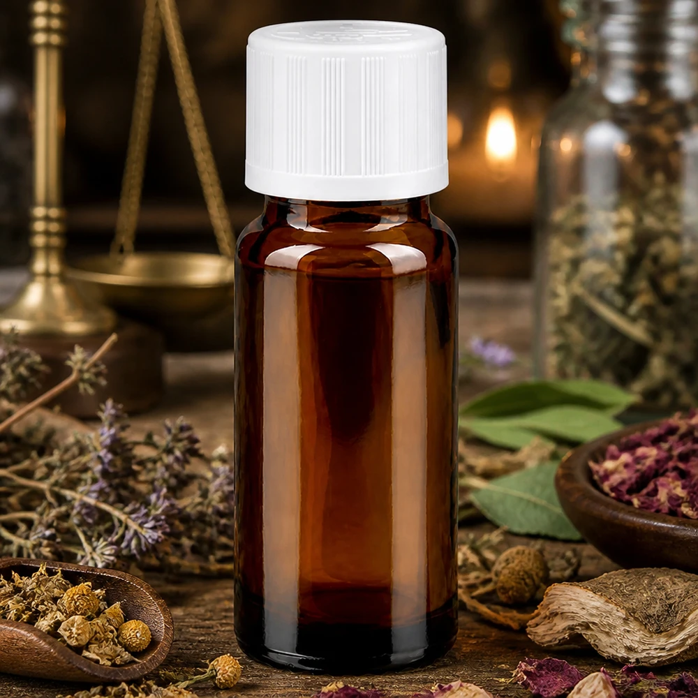 Apothekenflasche braun 10ml Tropfverschluss weiß Kindersicherung Standard 10ml Braunglasflasche mit Kindersicherheitsverschluss auf rustikalem Holztisch mit Rosenblüten