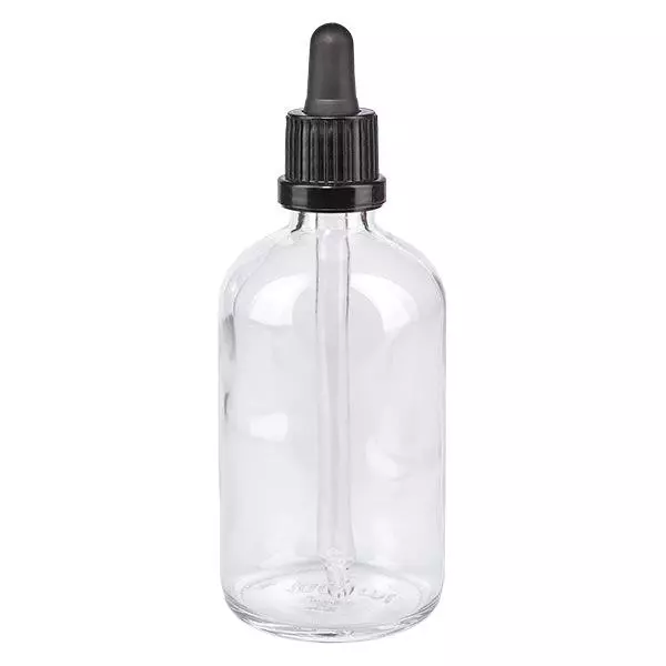 Apothekenflasche klar 100ml Pipette schwarz Originalitätsverschluss Apothekenflasche klar 100ml Pipette schwarz Originalitätsverschluss