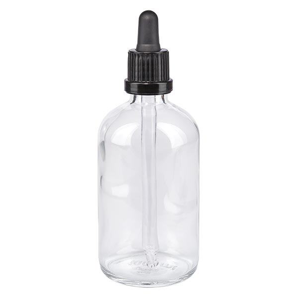 Apothekenflasche klar 100ml Pipette schwarz Originalitätsverschluss Apothekenflasche klar 100ml Pipette schwarz Originalitätsverschluss