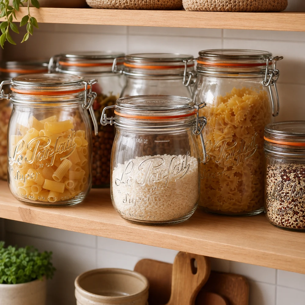 750ml Le Parfait Super Vorratsglas mit Bügelverschluss gefüllt mit Mehl auf Holzregal in moderner Küche