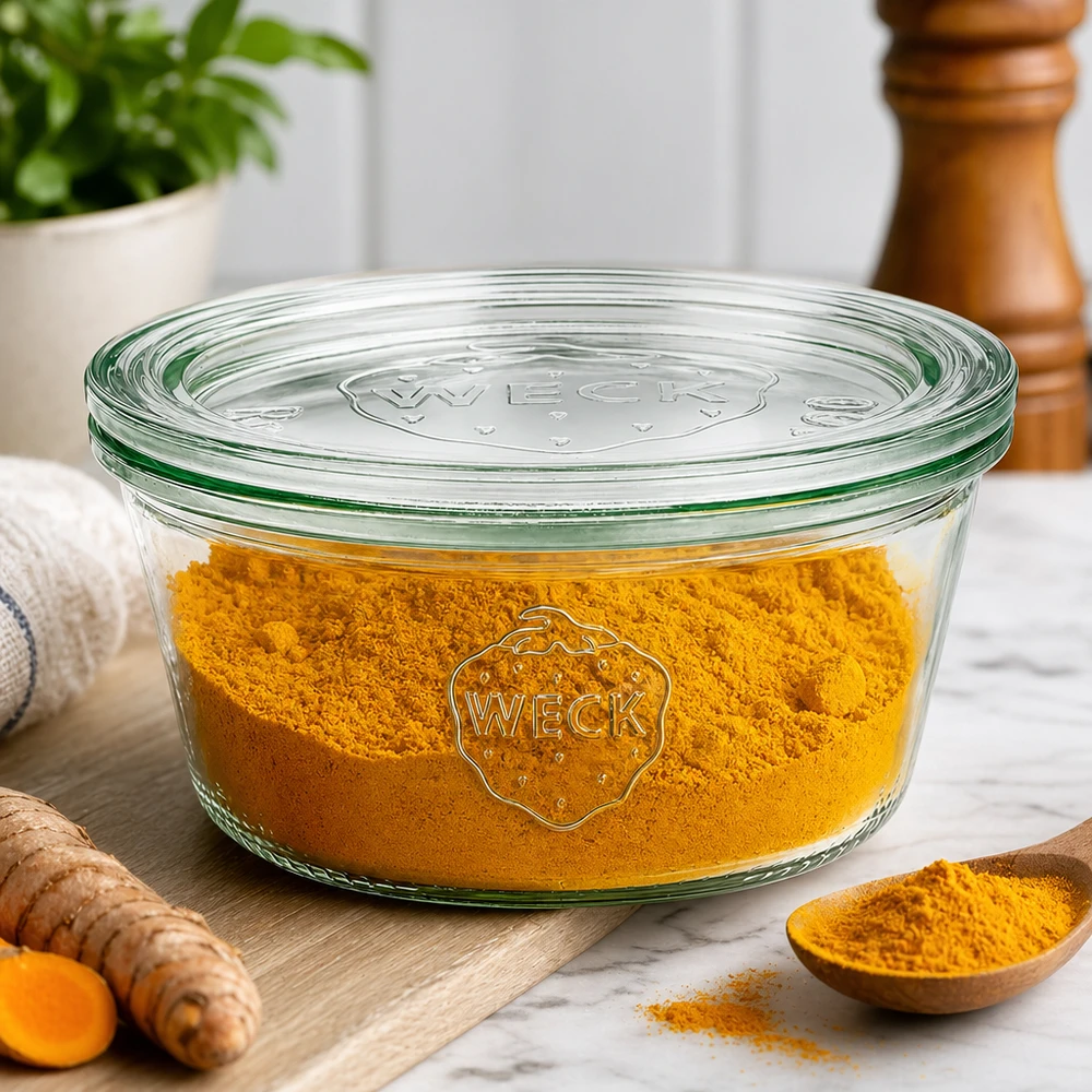WECK Sturzglas 290ml RR100 mit Kurkumapulver befüllt als Gewürzdose neben frischer Kurkumawurzel und Holzlöffel
