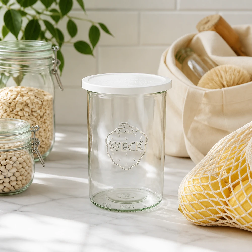 WECK Sturzglas 1000ml RR100 in natürlicher Küchenumgebung mit nachhaltigen Aufbewahrungsutensilien und Pflanzen